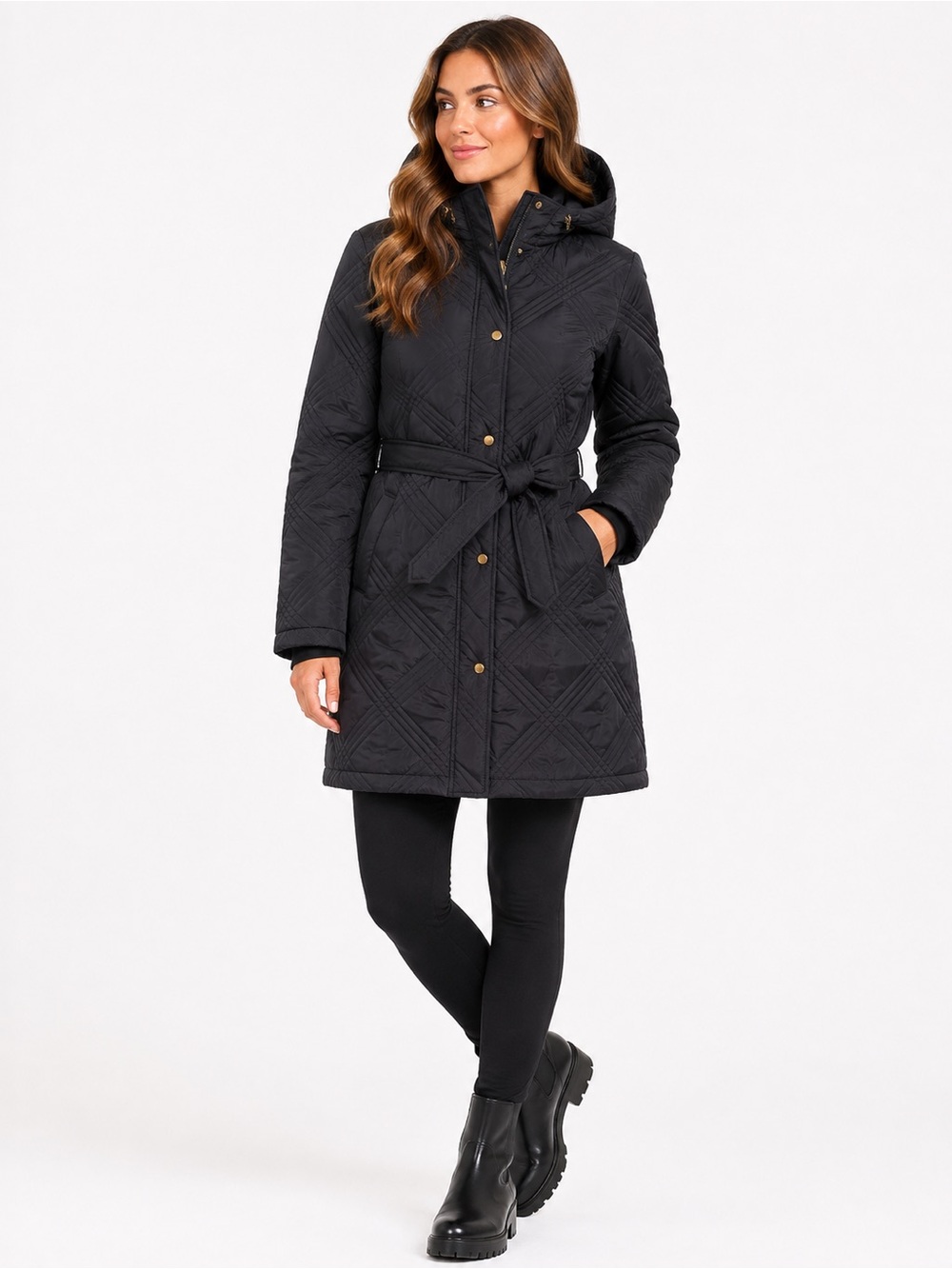 Jones New York Black Quilted Belted Hooded Puffer Coat